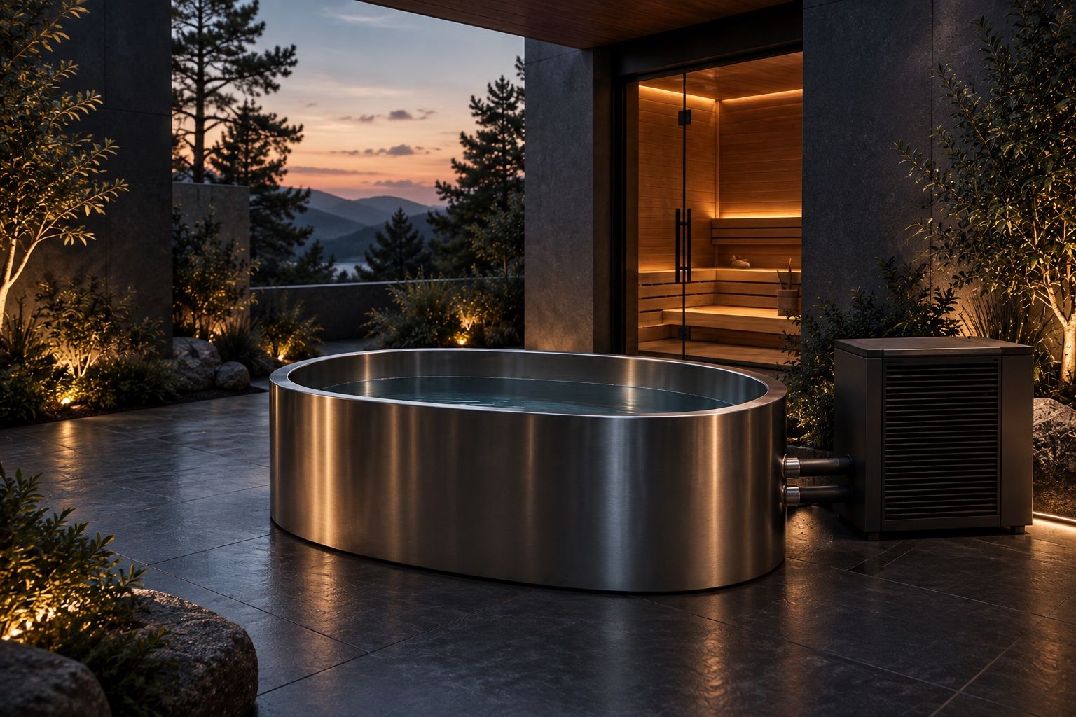 Concept image: stainless-steel plunge bath in a quiet courtyard