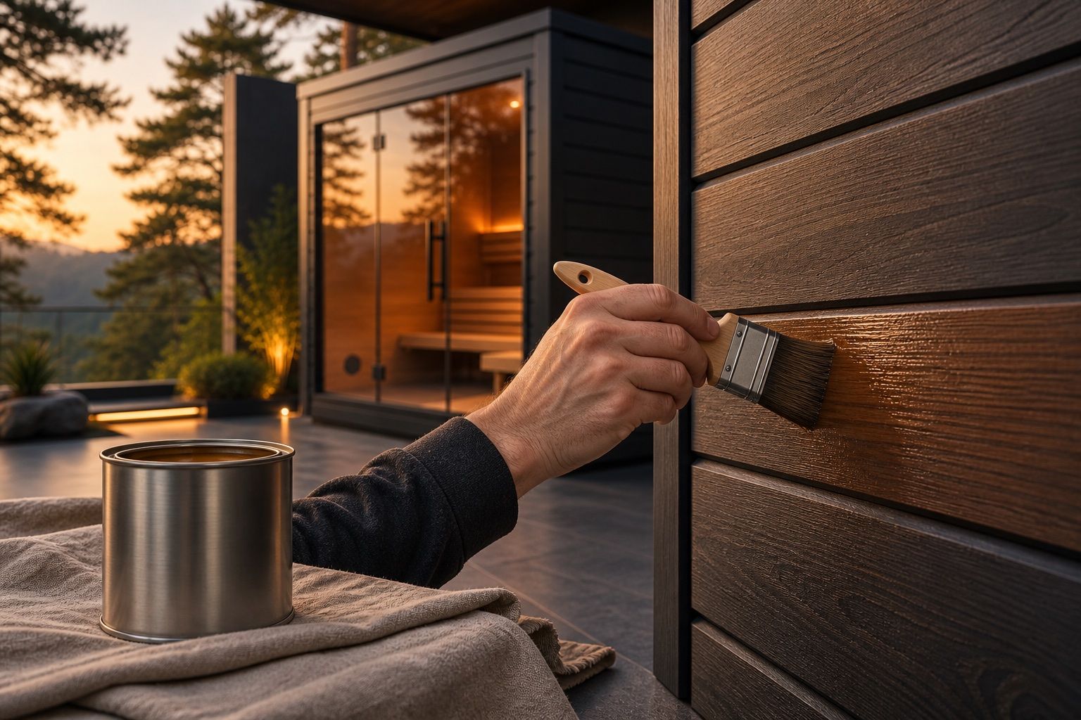 Concept image: timber care on an outdoor sauna