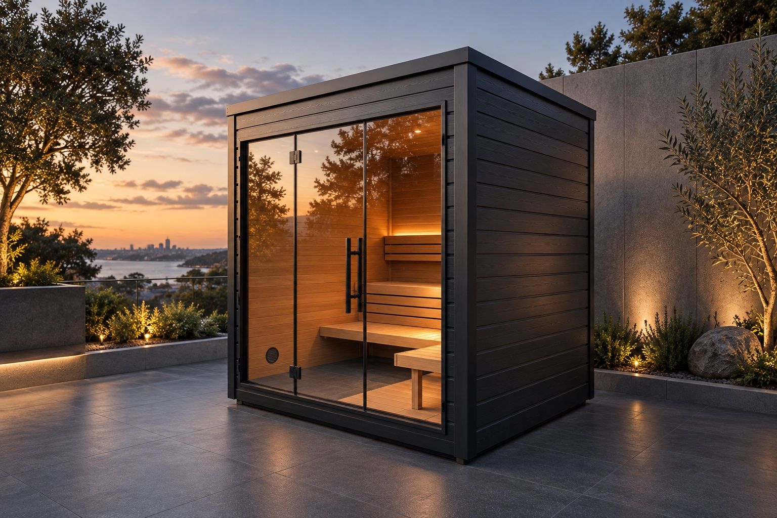 Concept image: glass-front sauna with warm timber and charcoal cladding
